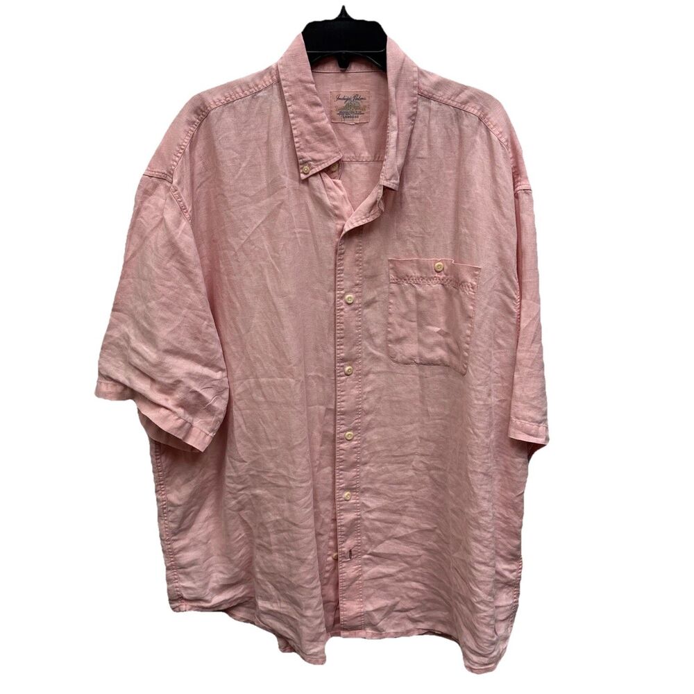 Indigo Palms Linen Shirt Men Pink Button Down Pocket Short Sleeve Logo XXL 28X33
